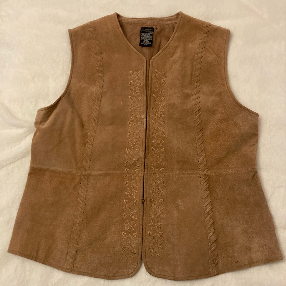 OAKBROOK Tan Embroidered Leather Vest (XL)